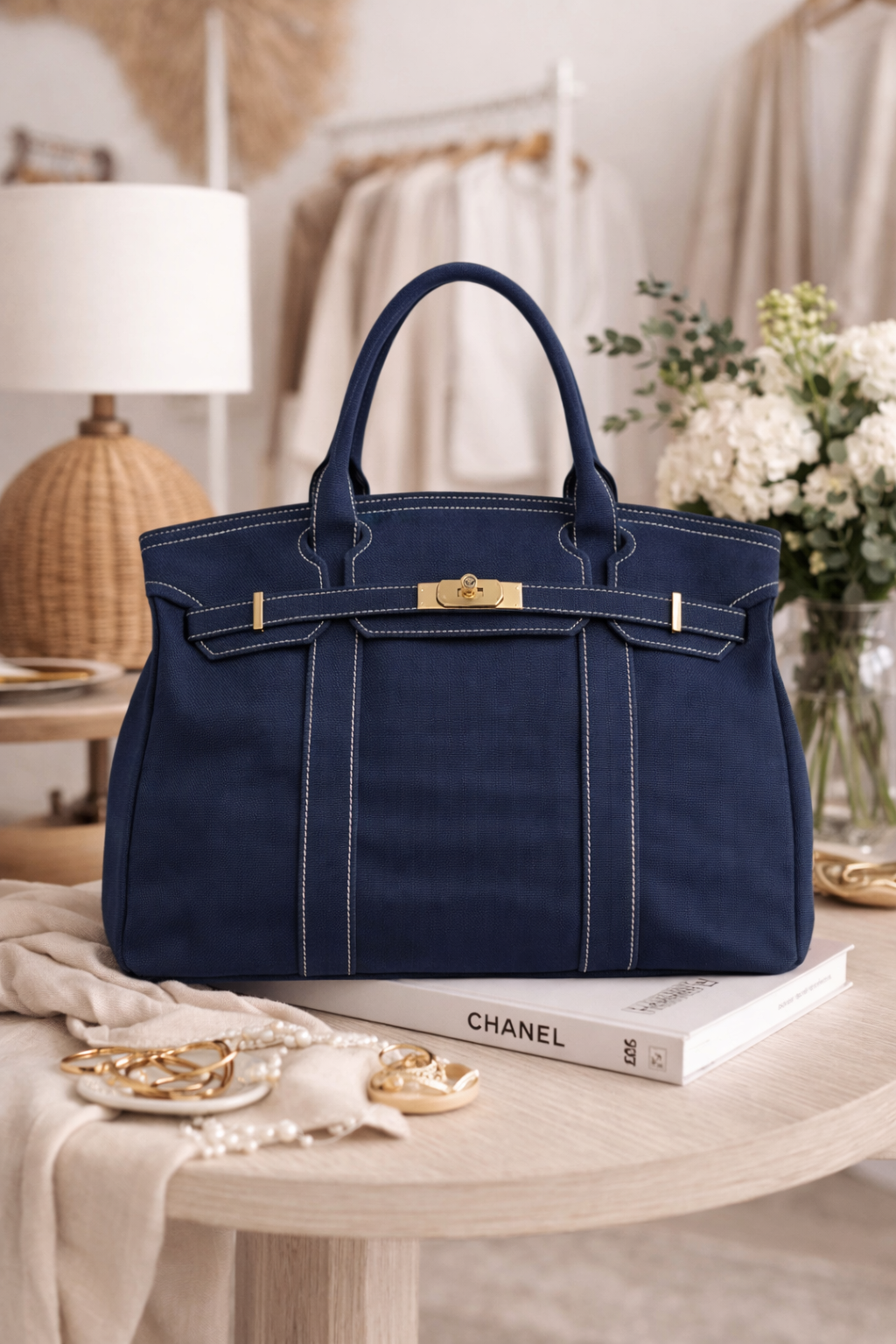 Navy canvas tote bag styled in boutique setting