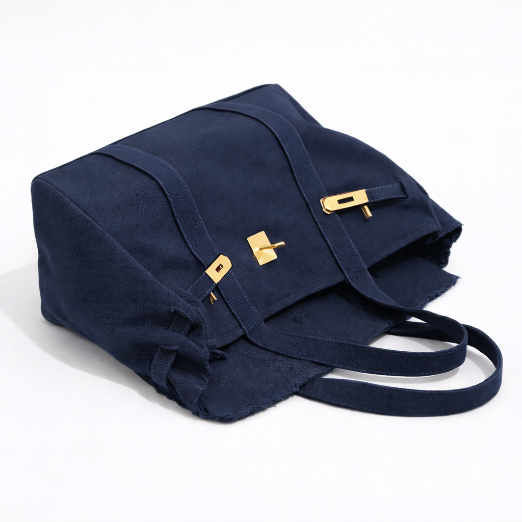 Open navy canvas tote bag showing interior