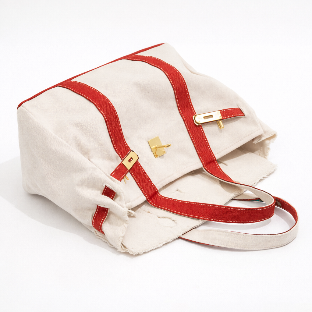 Boutique red canvas tote bag styled flat lay