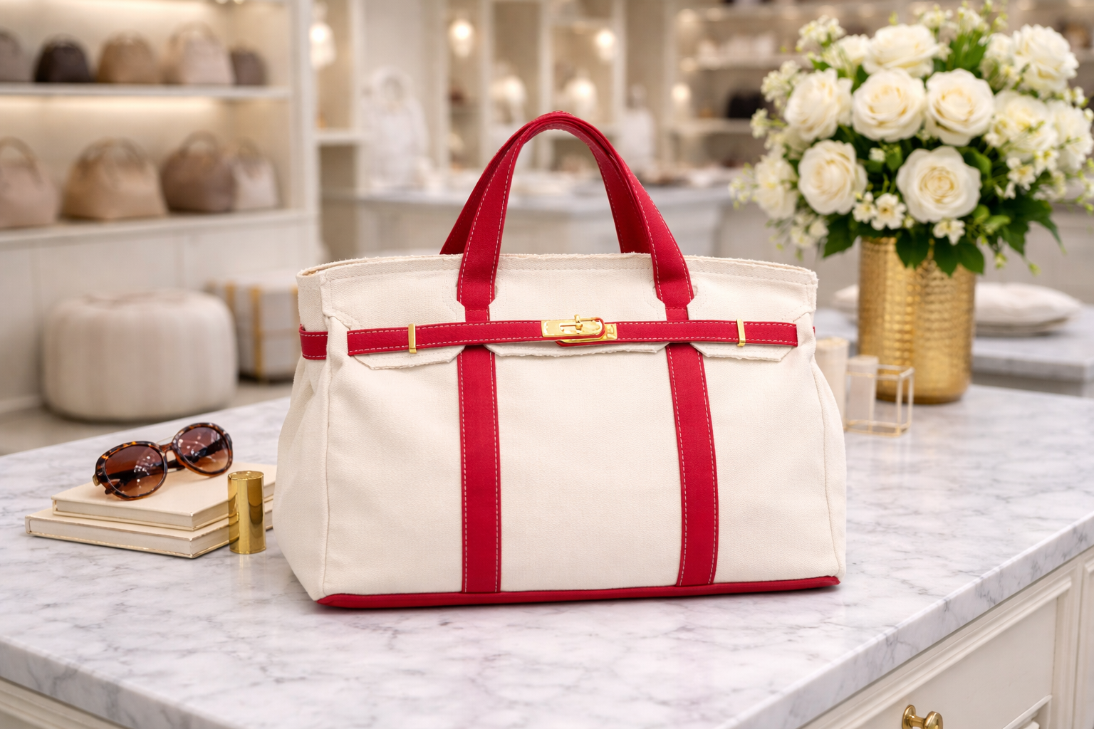 White handbag with red straps on a marble countertop in a store setting