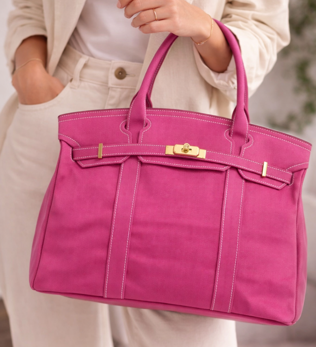 Pink canvas tote bag carried by model
