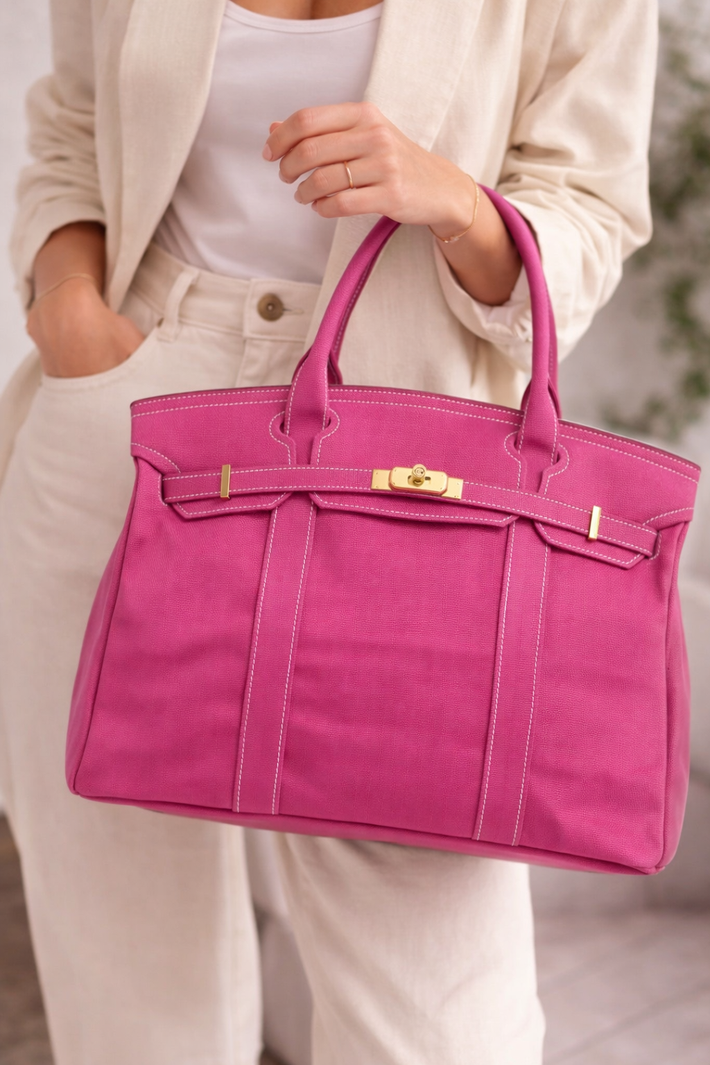 Pink canvas tote bag carried by model
