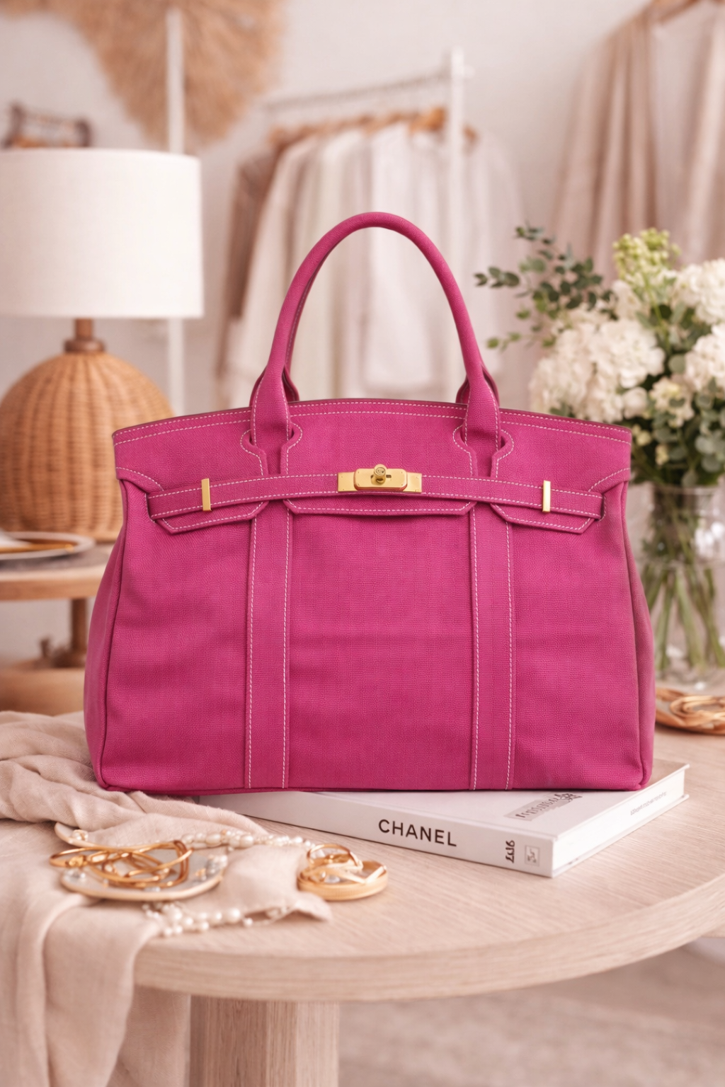 Pink canvas tote bag styled in boutique setting