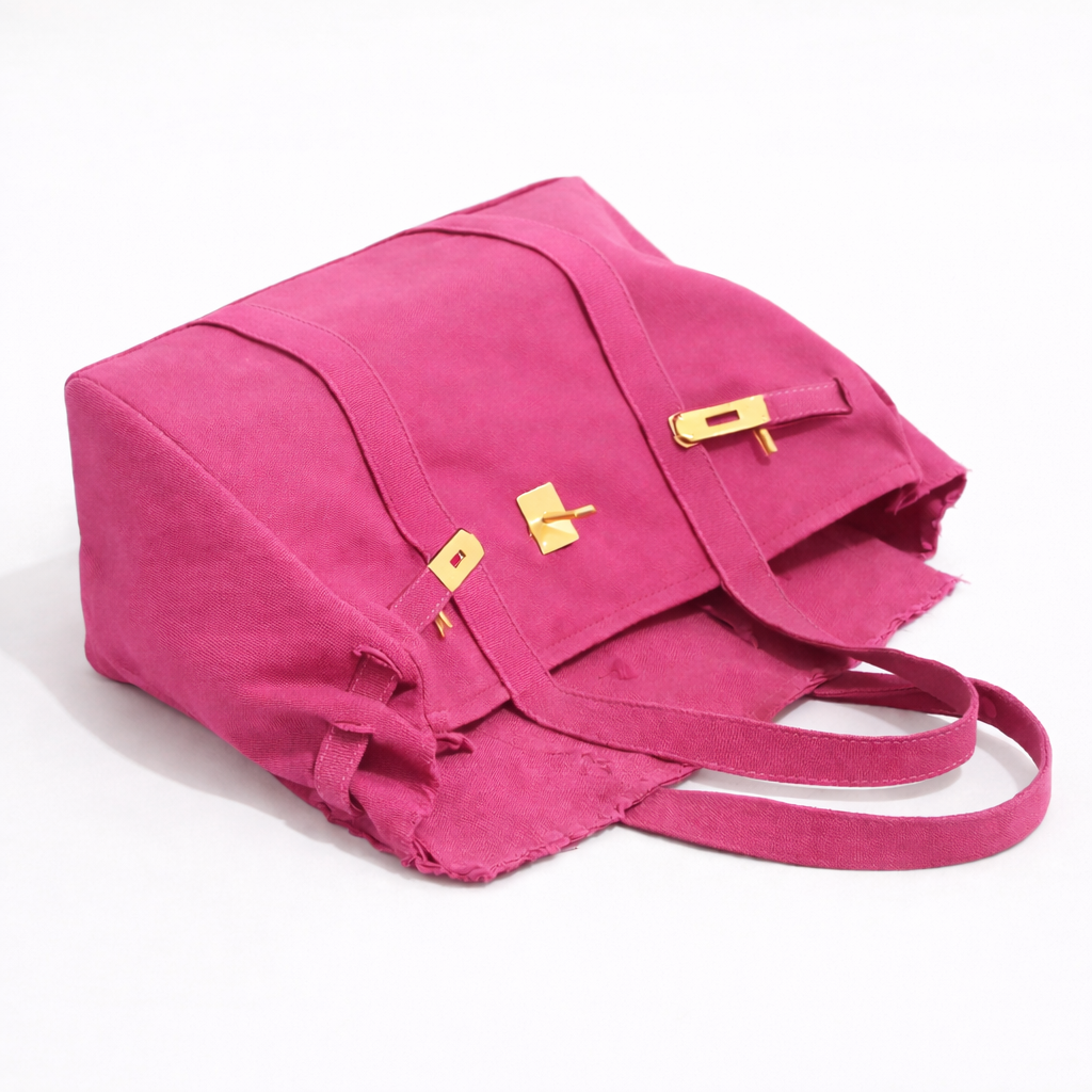 Open pink canvas tote bag showing interior