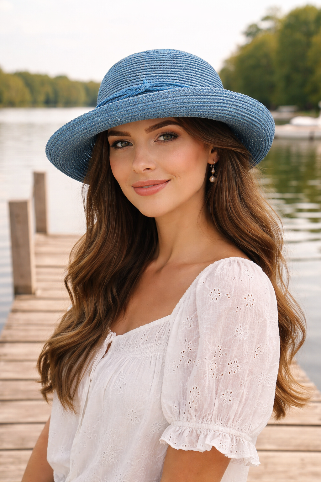 Leor 3" Brim Crochet Straw Sun Hat in Denim