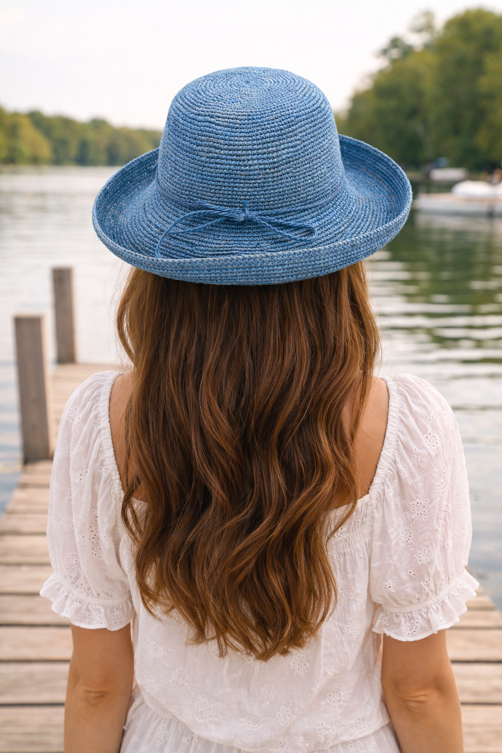 Leor 3" Brim Crochet Straw Sun Hat in Denim