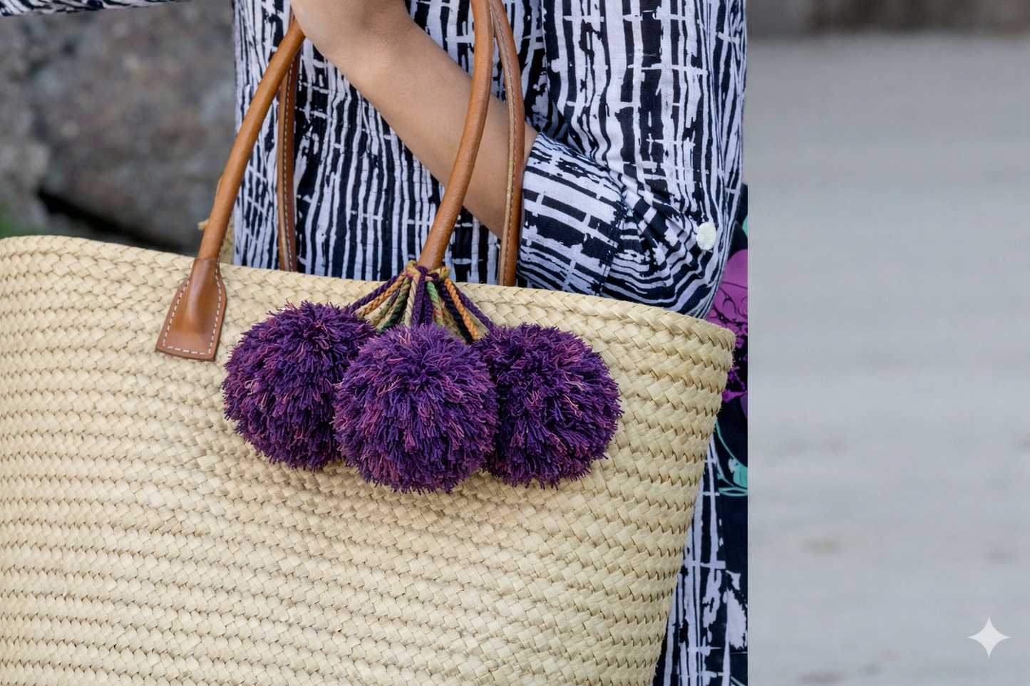 Pompoms Raffia Poufs Handbag Charm Embellishment: Eggplant