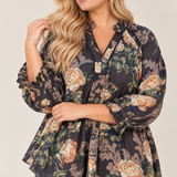Umgee Plus Brown Floral Ruffle Neck Blouse