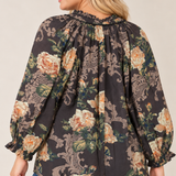 Umgee Plus Brown Floral Ruffle Neck Blouse
