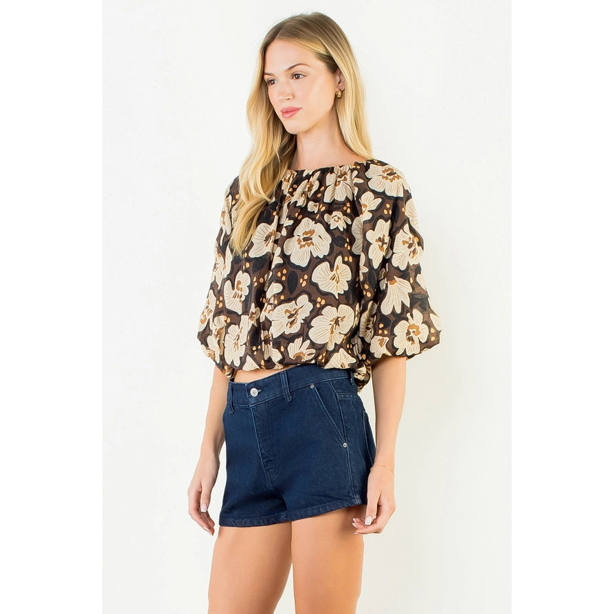 Floral Cinched Waist Top - Brown