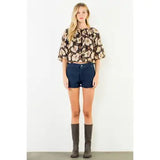 Floral Cinched Waist Top - Brown