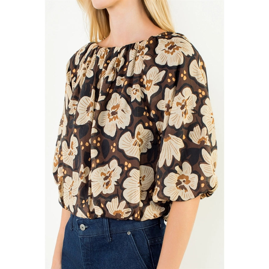 Floral Cinched Waist Top - Brown