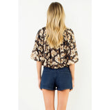 Floral Cinched Waist Top - Brown