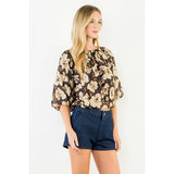 Floral Cinched Waist Top - Brown