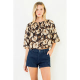 Floral Cinched Waist Top - Brown