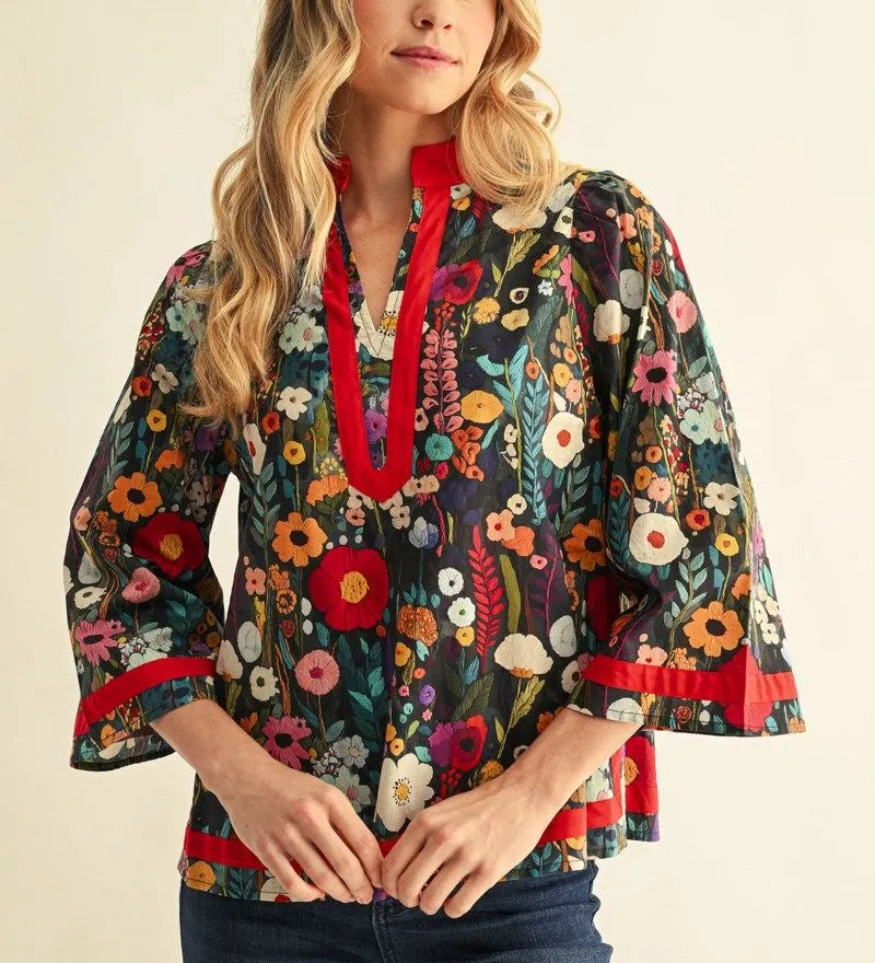 JODIFL Red Floral Mix Top