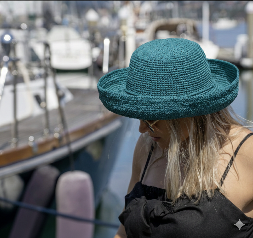 Leor 3" Brim Crochet Straw Sun Hat in Turquoise