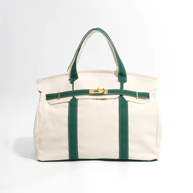 Heritage stripe canvas tote bag green and cream