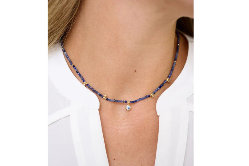 Jasmine Gold & Blue Aventurine Beaded Pendant Necklace