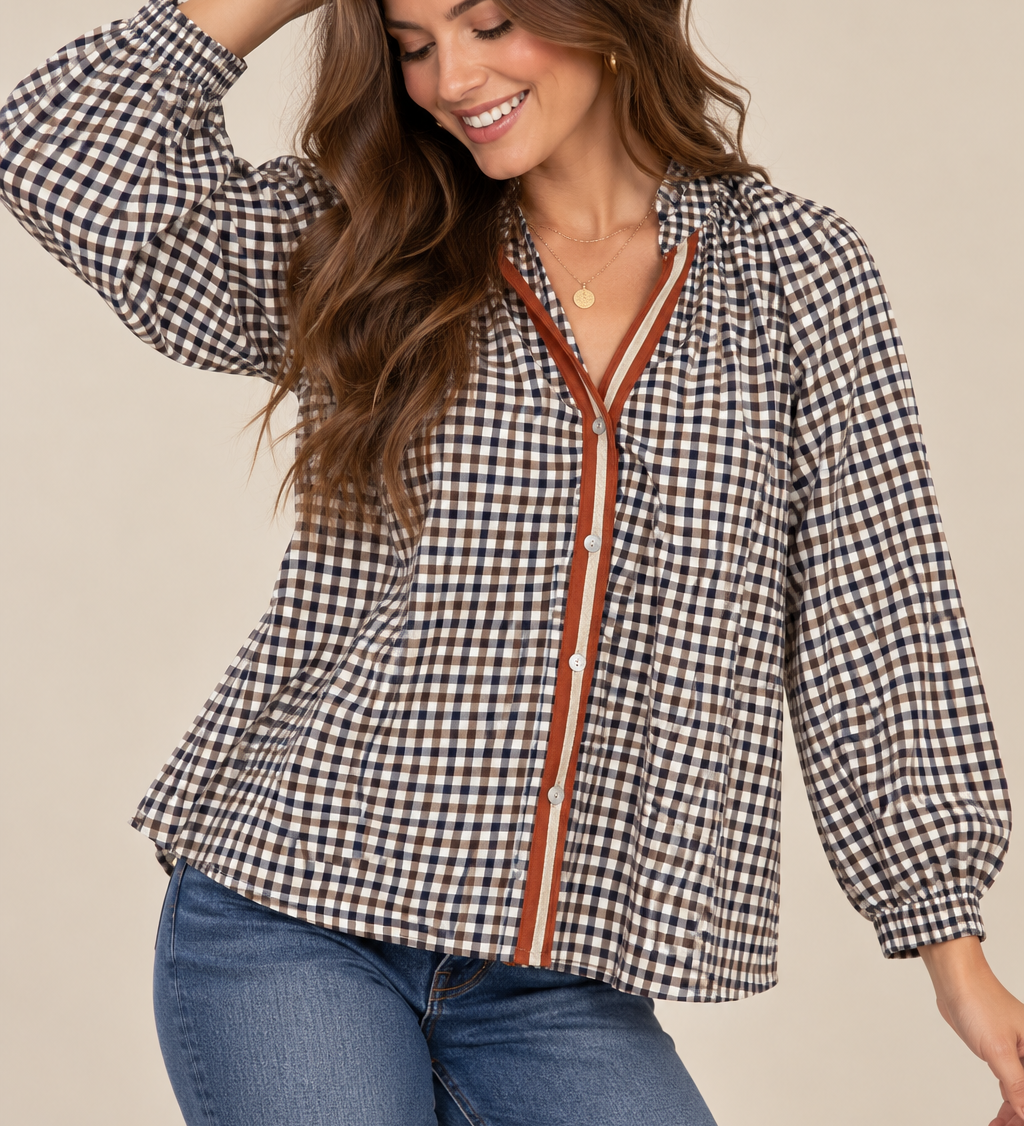 THML Long Sleeve Gingham Button Up Top