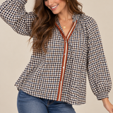 THML Long Sleeve Gingham Button Up Top