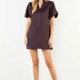 Maroon Puff Sleeve Short Solid Dress