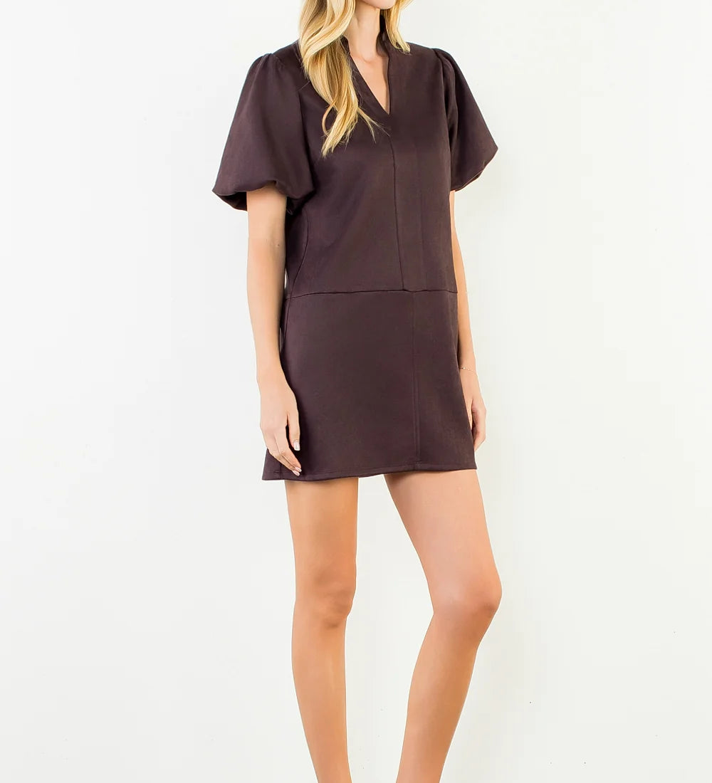 Maroon Puff Sleeve Short Solid Dress