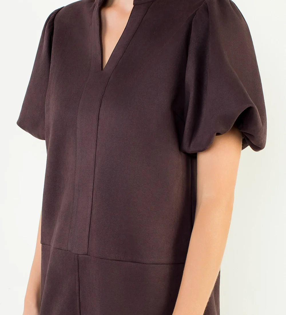 Maroon Puff Sleeve Short Solid Dress