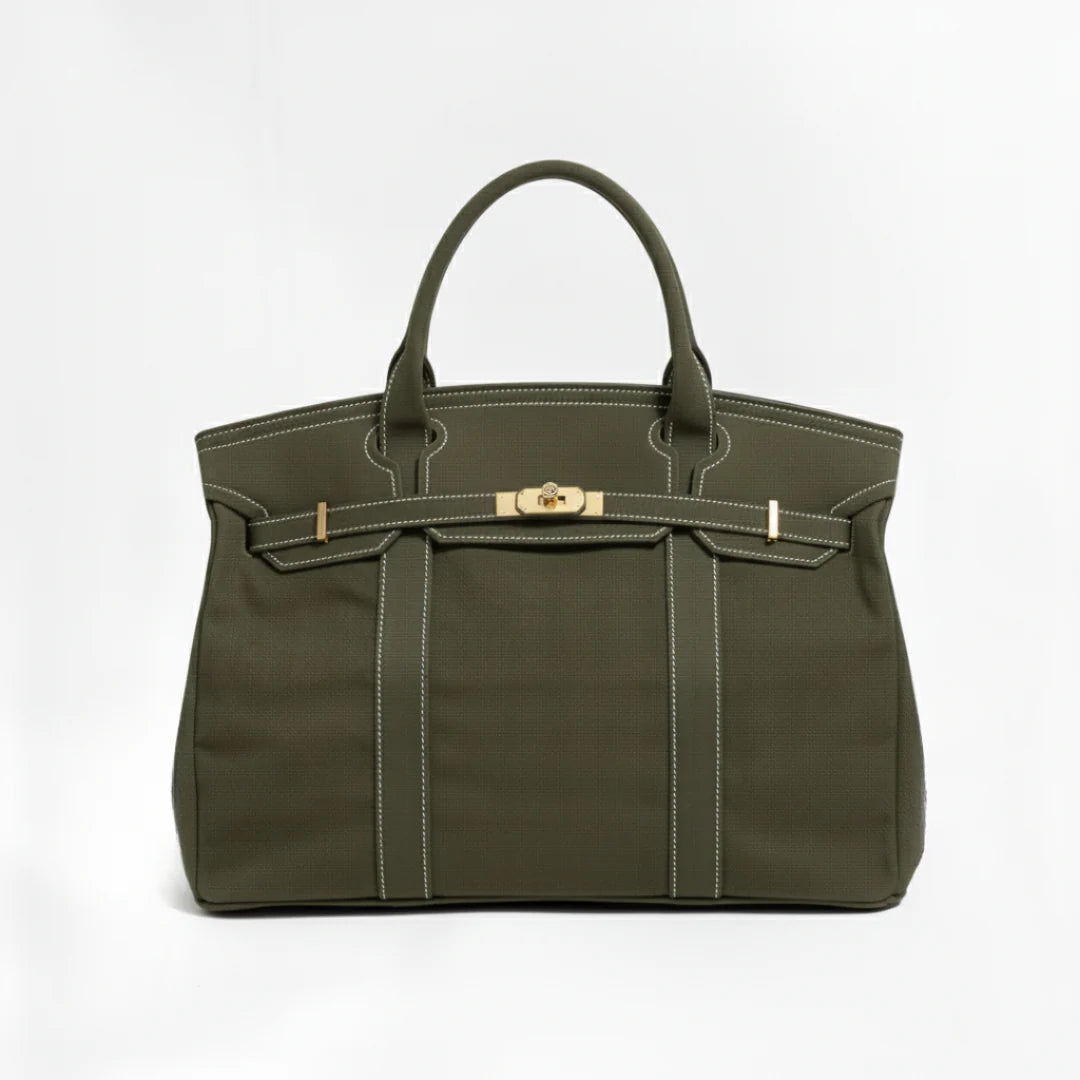 Olive green canvas tote bag with gold-tone hardware