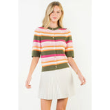 Short Sleeve Multi Color Knit Top - Olive