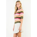Short Sleeve Multi Color Knit Top - Olive