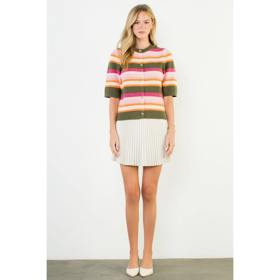 Short Sleeve Multi Color Knit Top - Olive