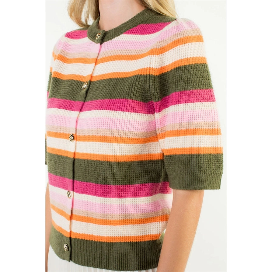 Short Sleeve Multi Color Knit Top - Olive