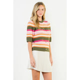 Short Sleeve Multi Color Knit Top - Olive