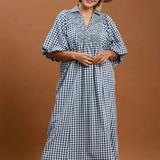 Puff Sleeve Plaid Midi Dress - Denim Blue - 2XL