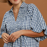 Puff Sleeve Plaid Midi Dress - Denim Blue - 2XL