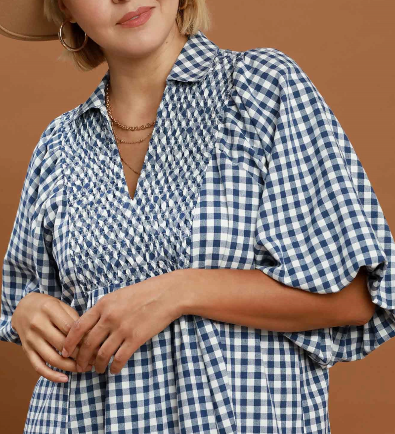 Puff Sleeve Plaid Midi Dress - Denim Blue - 2XL