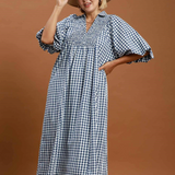 Puff Sleeve Plaid Midi Dress - Denim Blue - 2XL
