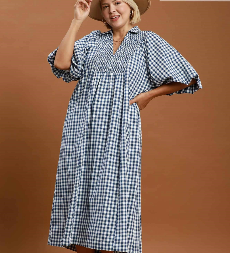 Puff Sleeve Plaid Midi Dress - Denim Blue - 2XL
