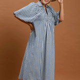 Puff Sleeve Plaid Midi Dress - Denim Blue - 2XL
