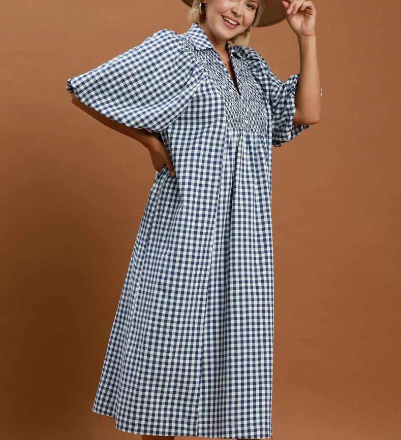 Puff Sleeve Plaid Midi Dress - Denim Blue - 2XL