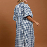 Puff Sleeve Plaid Midi Dress - Denim Blue - 2XL