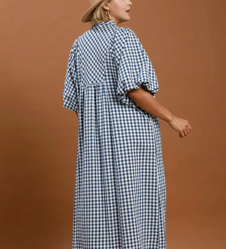 Puff Sleeve Plaid Midi Dress - Denim Blue - 2XL