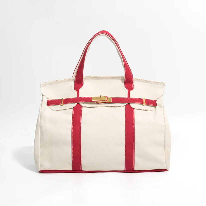 Red stripe canvas tote bag