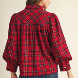 JODIFL Red Plaid Shirt with Puffed Sleeves