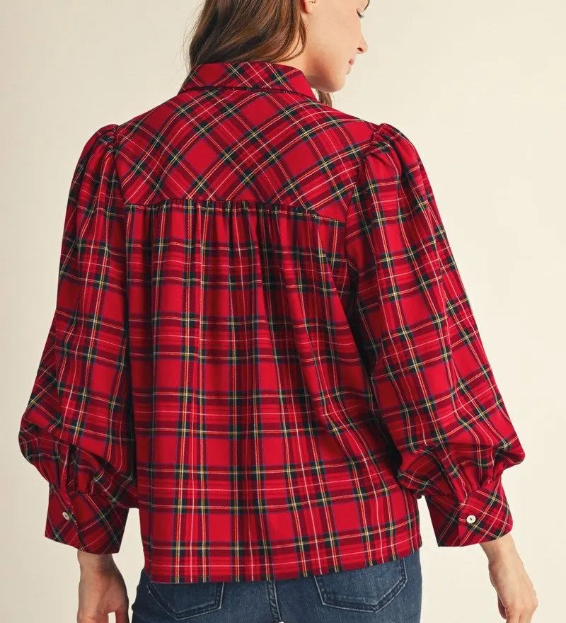 JODIFL Red Plaid Shirt with Puffed Sleeves