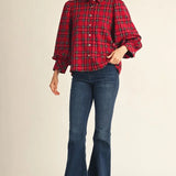JODIFL Red Plaid Shirt with Puffed Sleeves