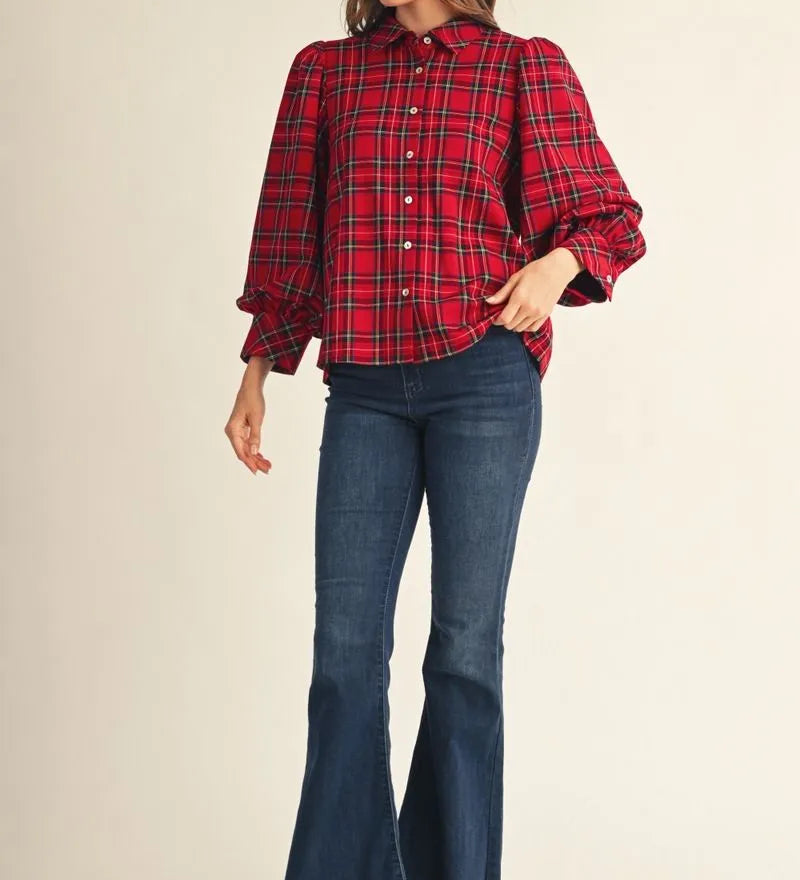 JODIFL Red Plaid Shirt with Puffed Sleeves
