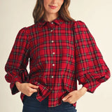 JODIFL Red Plaid Shirt with Puffed Sleeves