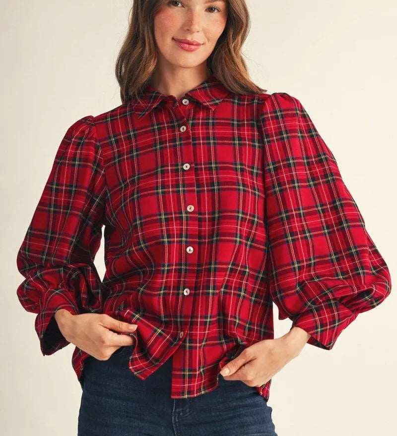 JODIFL Red Plaid Shirt with Puffed Sleeves